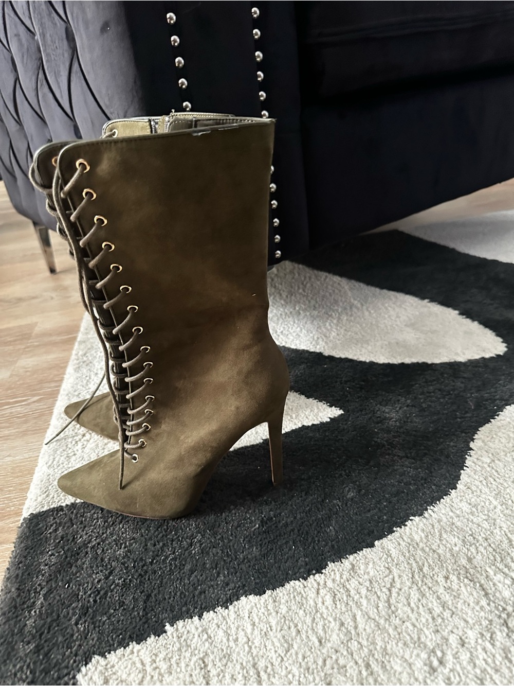 Lace-Up Pointed Toe High Heel Boot in Olive Green